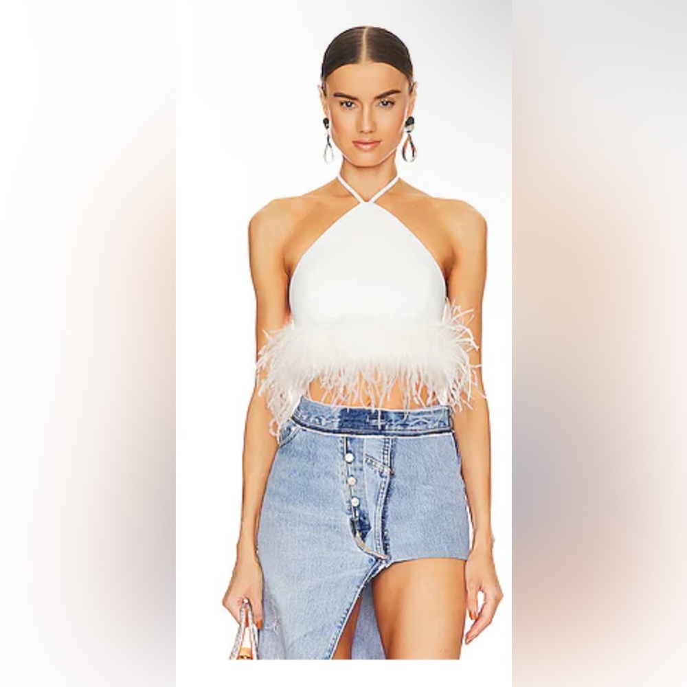 New NWT LAMARQUE Aissa Top in White ostrich feather boa halter crop top revolve